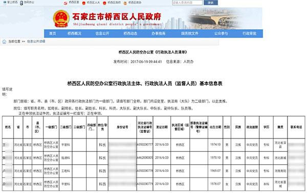 石家莊政府官網大面積泄露執(zhí)法人員隱私信息 官方：已通知刪除