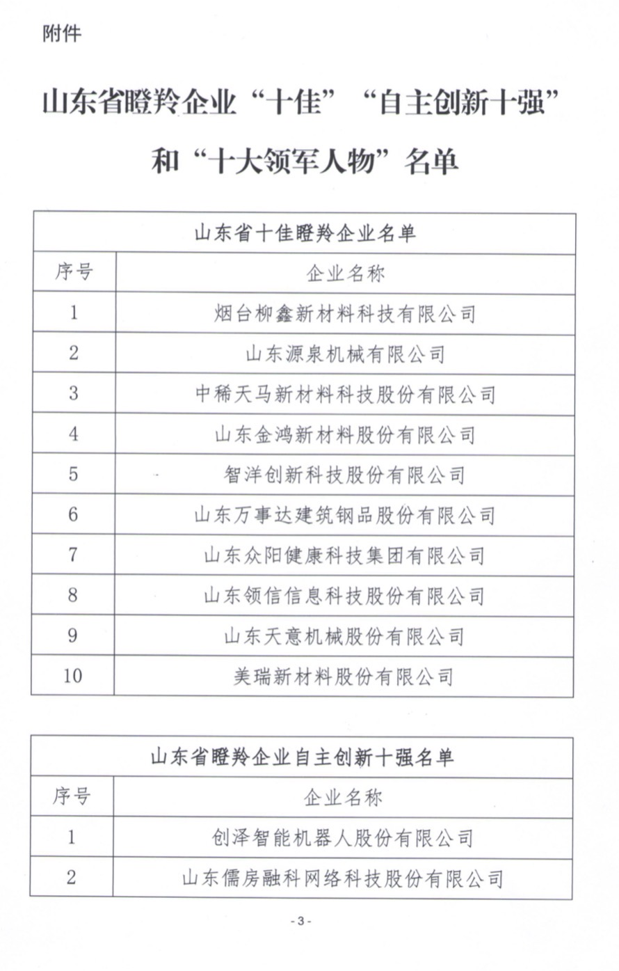 關(guān)于公布山東省瞪羚企業(yè)“十佳”“自主 創(chuàng)新十強(qiáng)”和“十大領(lǐng)軍人物”名單的通知