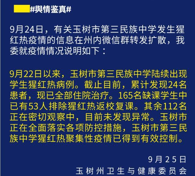 青海玉樹一學(xué)校發(fā)生猩紅熱聚集性疫情，24名患者已住院治療