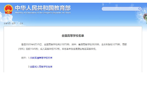 教育部：全國共計(jì)有本科院校1275所、高職（?？疲┰盒?545所