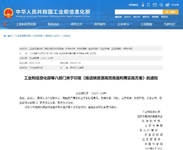 工信部等八部門印發(fā)《推進磷資源高效高值利用實施方案》，其中提出，堅持分類施策，推進產(chǎn)品結構調整。嚴格控制磷銨、黃磷等行業(yè)新增產(chǎn)能。促進磷肥保供穩(wěn)價，優(yōu)先保障磷肥企業(yè)磷礦需求，引導企業(yè)科學排產(chǎn)、維持合理庫存、穩(wěn)定市場預期，支持骨干企業(yè)做優(yōu)做強，積極發(fā)展新型高效磷肥品種。.jpg