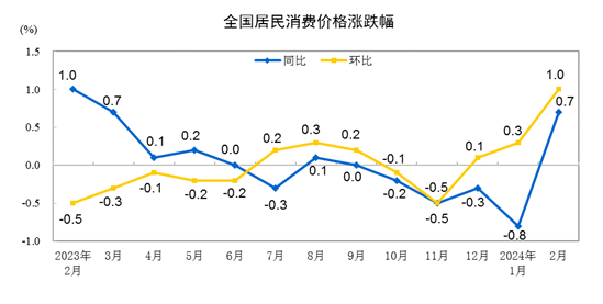 2024年2月份居民消費價格同比上漲0.7% 環(huán)比上漲1.0%